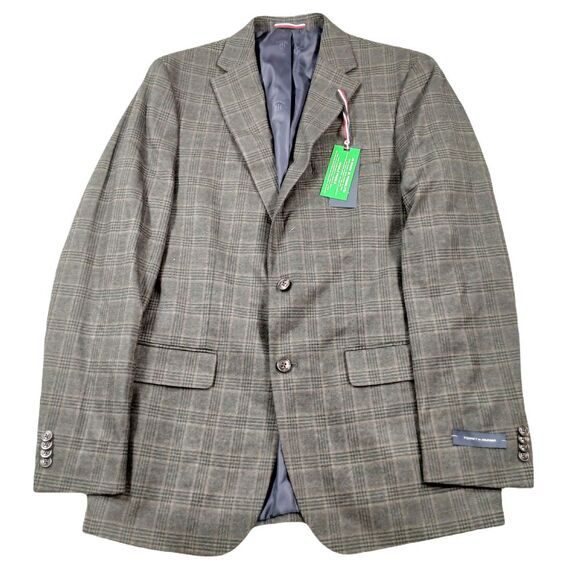 Tommy Hilfiger Pattern Sport Coats Mens 40L Olive Brown‎ Plaid Modern-Fit $295